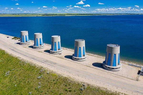 Turbine Idroelettriche Gardiner Dam Sul Lago Diefenbaker Saskatchewan Canada Drone — Foto Stock