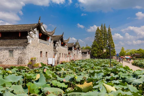 Krásný Výhled Lotosové Listy Vodní Zahrady Před Domy Vesnici Zhoumatang — Stock fotografie