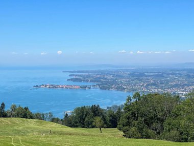 Avrupa 'da mavi gökyüzünün altındaki Bodensee Gölü' nün büyüleyici manzarası.