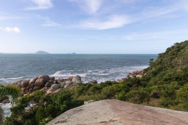 Güneşli bir günde etrafı ağaçlarla çevrili bir taştan deniz manzarası
