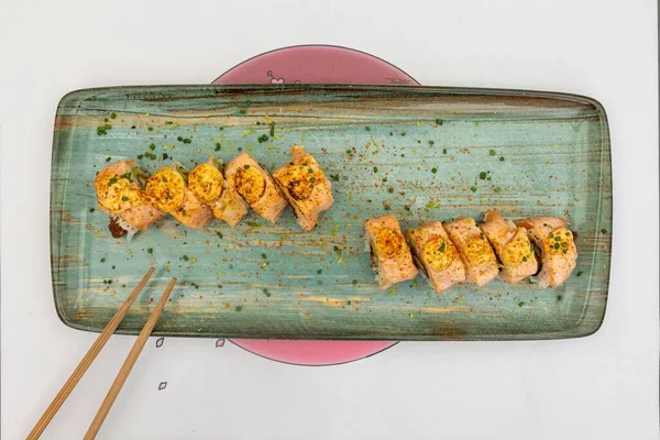 Top View Sushi Rolls Chopsticks Plate — Stock Photo, Image