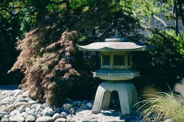 Una Linterna Piedra Jardín Japonés Con Piedras Plantas Día Soleado — Foto de Stock
