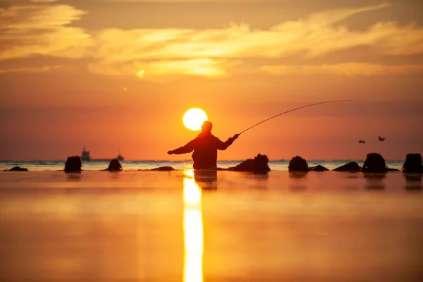 Achteraanzicht Silhouet Van Mens Vissen Met Staaf Terwijl Zee Tegen — Stockfoto