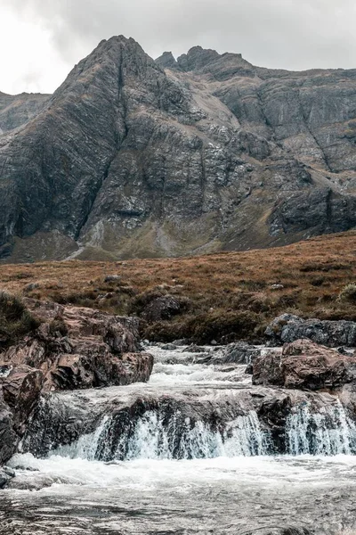 Vertical Long Exposure View Waterfall Surrounding Landscape Fairy Pools Glenbrittle — Stock Photo, Image