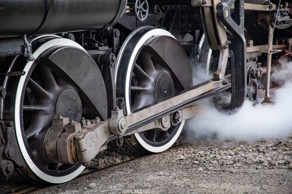 Closeup Black Steam Locomotive Wheels Rails — Stock Photo, Image