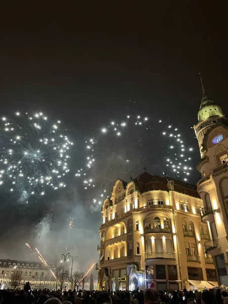 Colorful Glowing Fireworks Blasting Black Eagle Palace City Center Oradea — Stock Photo, Image