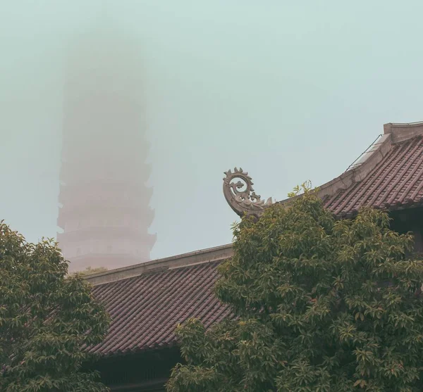 Templo Chinês Com Bordas Telhado Intrincadamente Esculpidas Cercado Por Árvores — Fotografia de Stock