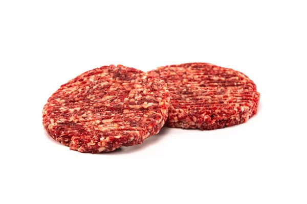 Die Stücke Saftigen Rohen Roten Patty Fleisch Isoliert Auf Weißem — Stockfoto