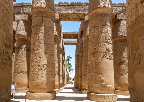 카르나크 단지내에 위선적 대성당의 기둥들에 새겨진 부조들의 이집트의 기념물 — 스톡 사진
