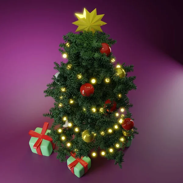 Una Representación Árbol Navidad Con Cajas Regalo Sobre Fondo Púrpura — Foto de Stock