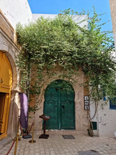 Una Vieja Puerta Verde Follaje Cubierto Edificio Antiguo — Foto de Stock