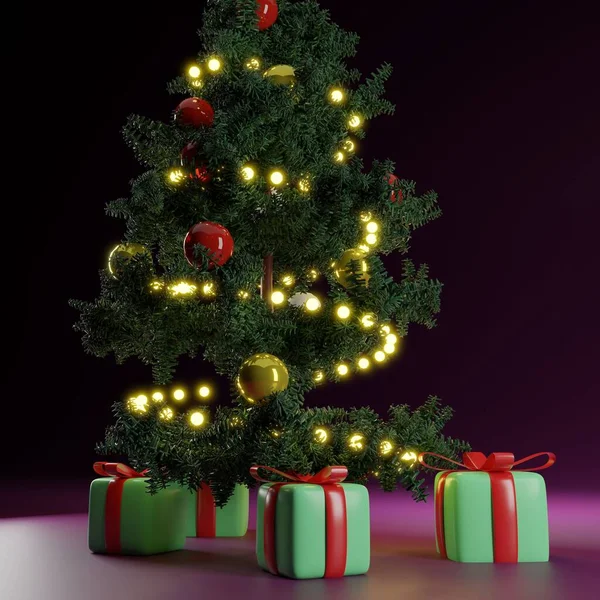 Uma Renderização Uma Árvore Natal Com Caixas Presente Fundo Roxo — Fotografia de Stock