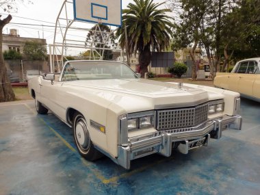Lanus, Arjantin - 24 Eylül 2022: Eski beyaz 1976 Cadillac Eldorado parktaki üstü açılır iki kapı. Doğa, ağaçlar. AAA 2022 klasik araba şovu. Kopyalama alanı