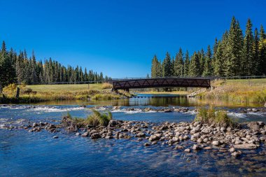 Kanada, Saskatchewan 'daki Prens Albert Ulusal Parkı' nda gölün üzerindeki güzel bir köprü manzarası.