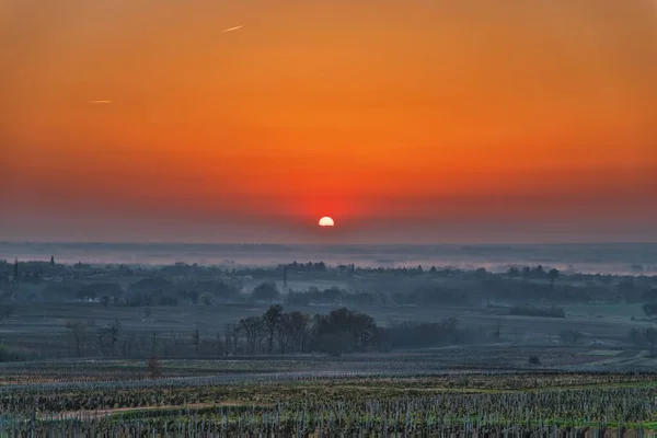 Apus Soare Peste Câmpul Rural Ceață — Fotografie, imagine de stoc