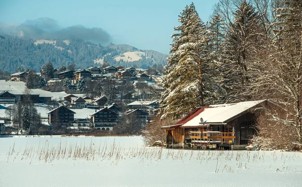 Una Vista Invernale Una Capanna Con Case Montagne Sullo Sfondo — Foto Stock
