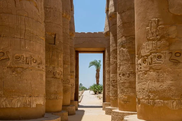아래서 카르나크 신전을 조각하고 이집트 룩소르의 하늘을 기둥들의 — 스톡 사진