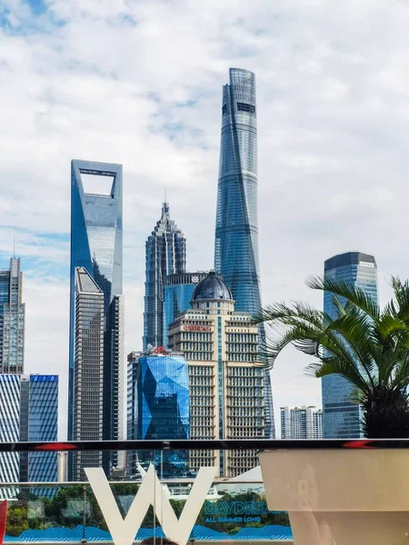 Een Verticaal Schot Van Skyline Van Sjanghai Stad Onder Bewolkt — Stockfoto