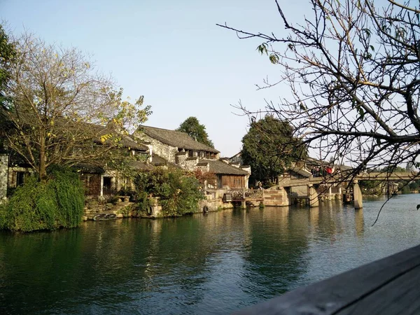 Χωριό Της Πόλης Κατά Μήκος Του Ποταμού Τοπίο Jiangnan — Φωτογραφία Αρχείου