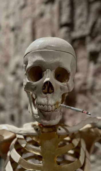 Ett Vertikalt Skott Ett Skelett Med Cigarett Rökning Dödar Konceptet — Stockfoto