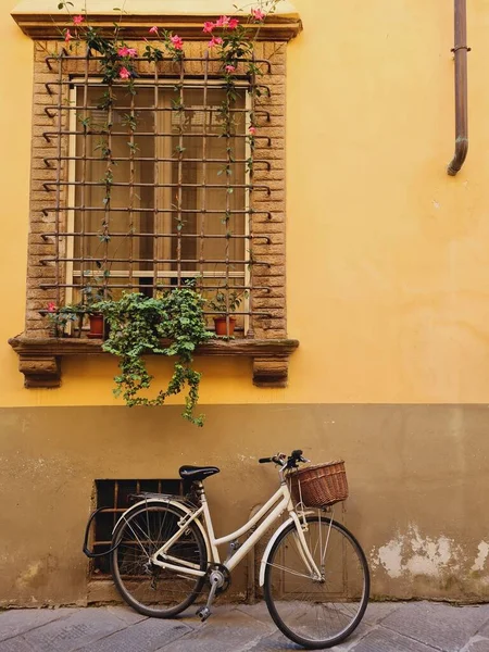 White Bicycle Parked Next Yellow Building Fenced Window — Stock Photo, Image