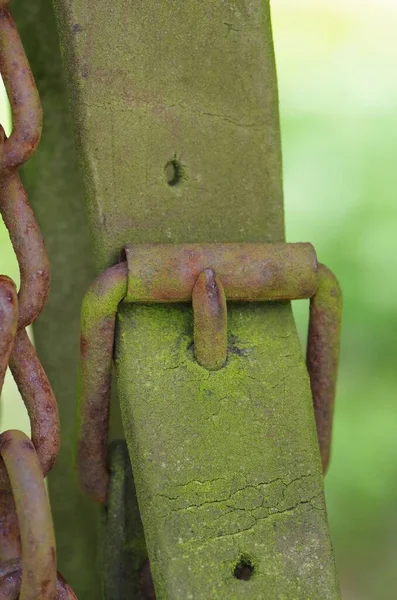 铁杆上生锈的绿色金属链 垂直弹射 — 图库照片