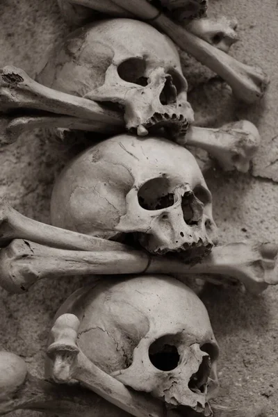 チェコ共和国クトナ ホラのセドリック オスサリー カトリック教会の本物の頭蓋骨と骨の垂直撮影 — ストック写真