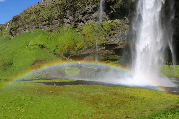 Beautiful Scenery Seljalandsfoss Waterfall Reflection Rainbow Daylight Iceland — Stock Photo, Image