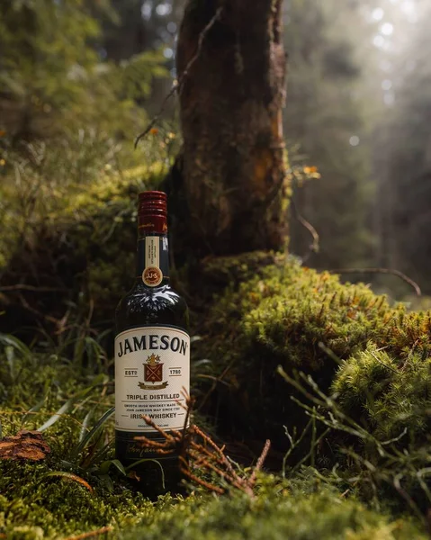 森の中でウイスキー ジェイムソンのボトルの垂直閉鎖ショット — ストック写真