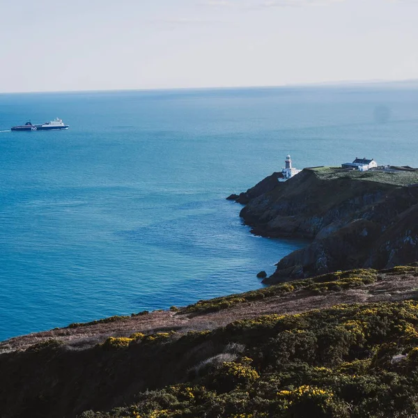 Aerial View Howth Head Peninsula Baily Lighthouse Ship Distance — Stock Photo, Image