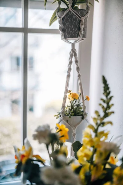 Eine Vertikale Aufnahme Von Blumentöpfen Die Durch Ein Seil Verbunden — Stockfoto