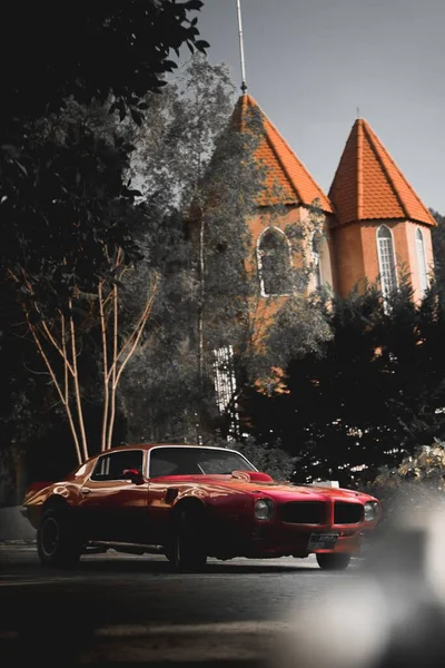 Vertical Selective Shot American Red Pontiac Firebird Outdoors — Stock Photo, Image