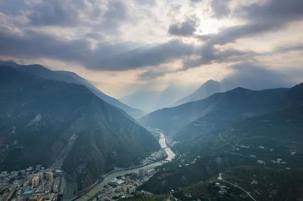 stock image An aerial view of Wenchuan County, Aba Prefecture, Sichuan Province and nearby mountain villages