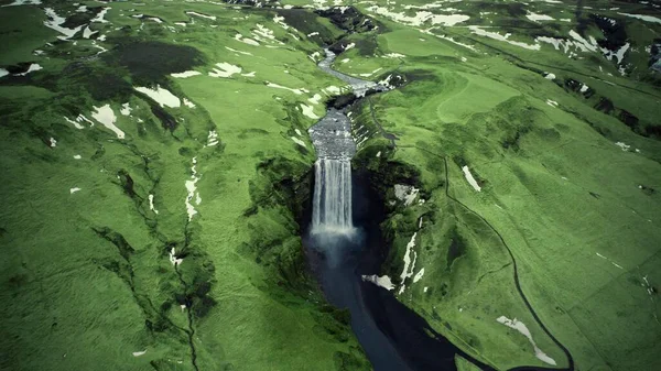 Aerial Shot Skogafoss Waterfall Surrounded Green Highlands Iceland — Stock Photo, Image