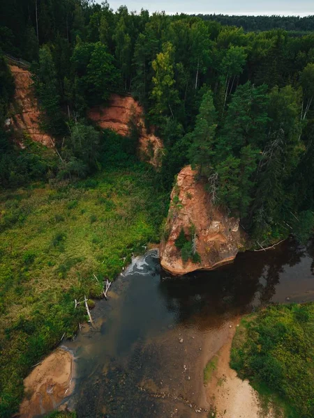Letonya Zvartes Kayası Ndaki Kumtaşı Oluşumları Yeşil Doğanın Dikey Hava — Stok fotoğraf