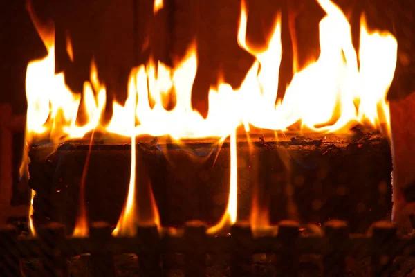 在壁炉的金属壁炉中燃烧的木柴的特写镜头 — 图库照片