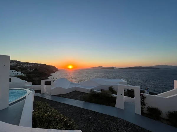Zachód Słońca Luksusowego Apartamentu Widokiem Morze Santorini Grecja — Zdjęcie stockowe