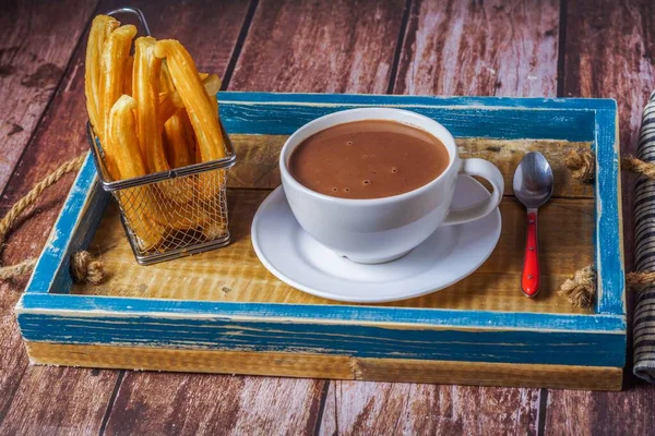 Hot Chocolate White Mug Churros Blue Wooden Tray Wooden Table — Stock Photo, Image