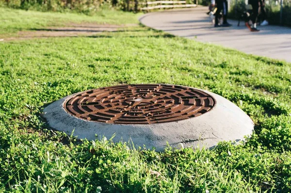 Manhole Cover Green Grass Park Sidewalk — Stock Photo, Image