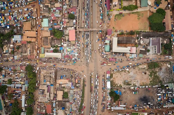 Aerial Shot Traffic Crossroad Madina Ghana — Stock Photo, Image