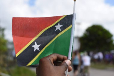 Saint Kitts ve Nevis bayrağını tutan bir el.