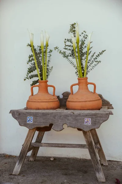 Tiro Vertical Vasos Marrons Barro Com Plantas Verdes Uma Mesa — Fotografia de Stock