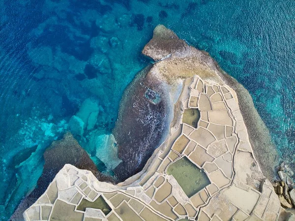 Étangs Évaporation Sel Sur Côte Île Gozo Également Appelé Salinas — Photo