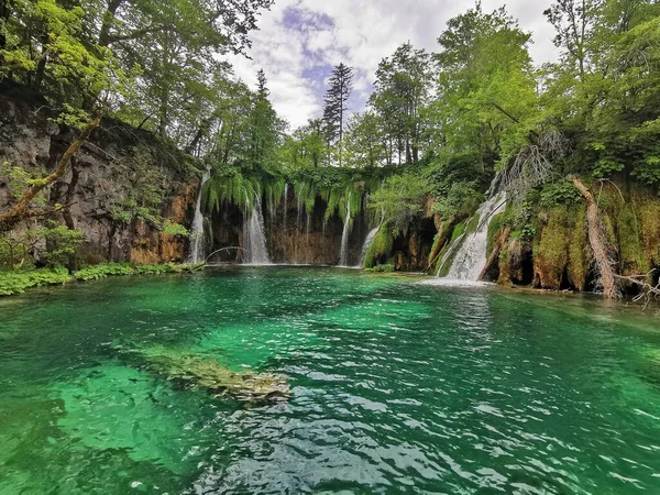 Várias Cachoeiras Que Fluem Lago Claro Cercado Por Árvores Verdes — Fotografia de Stock