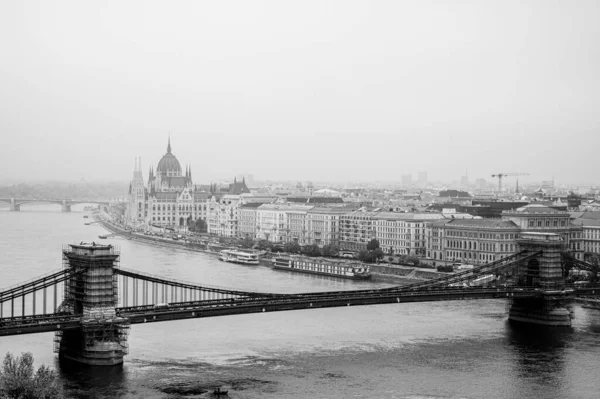 Μια Διαβαθμίσεις Του Γκρι Της Γέφυρας Szechenyi Μια Ομιχλώδη Μέρα — Φωτογραφία Αρχείου