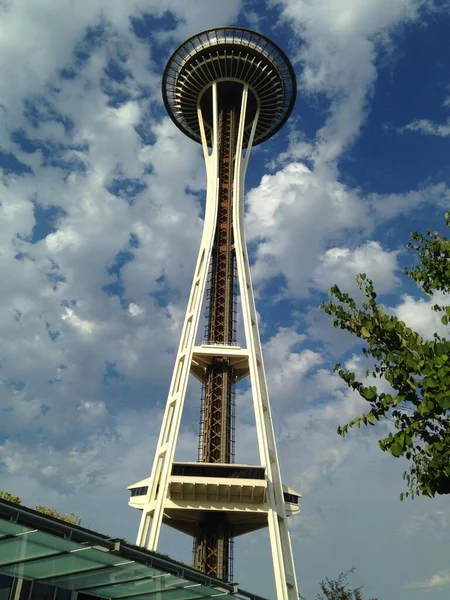 Seattle Space Needle Słoneczny Dzień Zielonymi Liśćmi Pierwszym Planie Waszyngtonie — Zdjęcie stockowe