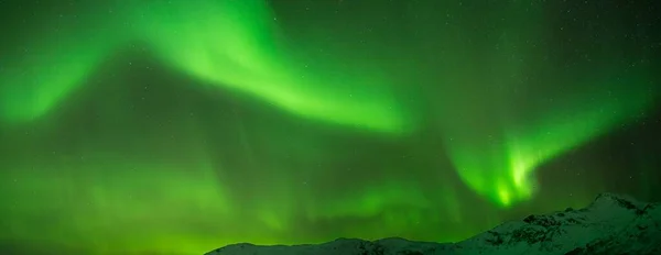 Панорамный Снимок Ярко Зеленого Сияния Северного Сияния Над Горами Норвегии — стоковое фото