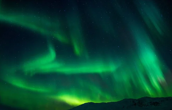 Eine Schöne Aufnahme Leuchtend Grüner Polarlichter Über Den Bergen Norwegens — Stockfoto