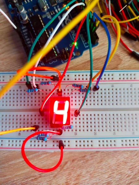 Vertical Top View Number Four Seven Segment Display Breadboard — Stock Photo, Image