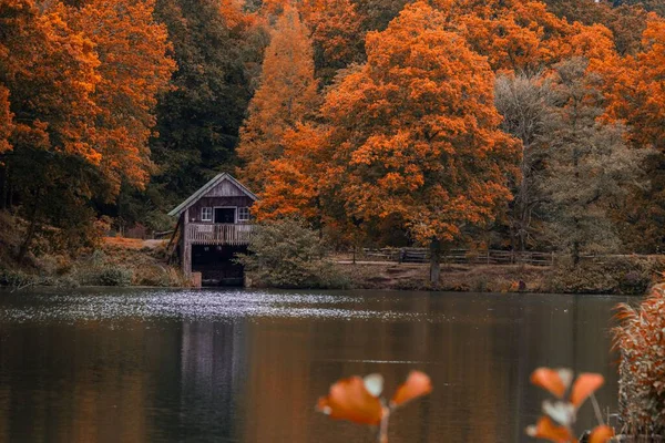 Ein Malerischer Blick Auf Holzhaus Seeufer Und Orangefarbene Herbstbäume Winkworth — Stockfoto